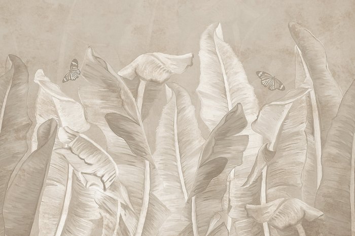 Papier peint  Feuilles de bananier tropicales et papillons sur fond texturé en couleurs monochromatiques