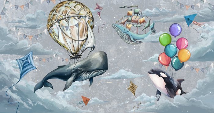 Papier peint  Poissons ballons et cerfs-volants parmi les nuages sur fond de ciel motif aquarelle pour enfants
