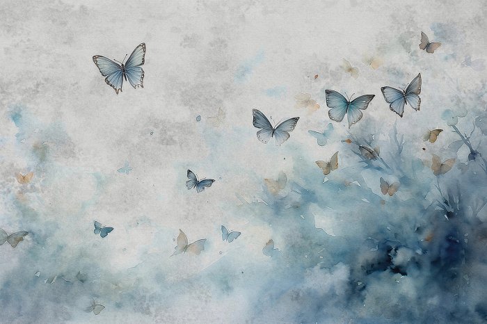 Papier peint  Motif avec des papillons sur fond aquarelle dans des tons de gris et de bleu