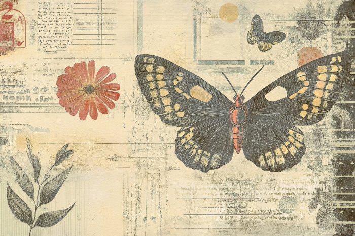 Papier peint  Papillons fleurs et feuilles motif botanique de style rétro vintage