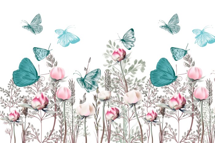 Papier peint  Papillons bleus et verts au-dessus d’une prairie fleurie fleurs 3D sur fond blanc