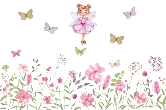 Papier peint  Fée et papillons sur la prairie florale, modèle de conte de fée pour enfants