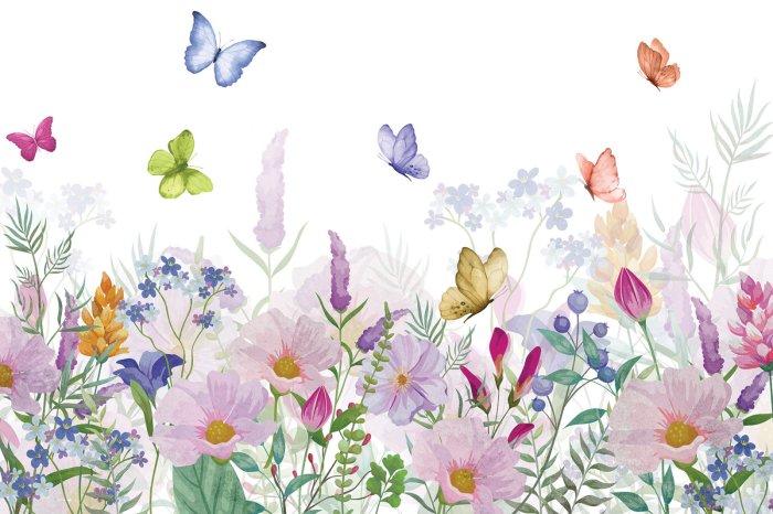 Papier peint  Prairie fleurie colorée et papillons colorés sur fond blanc motif naturel