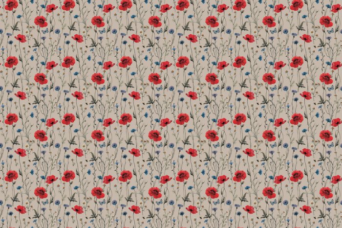 Papier peint  Fleurs des champs, coquelicots, bleuets et papillons bleus, motif botanique naturel