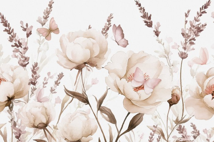 Papier peint  Pré fleuri avec des papillons en style aquarelle, motif floral délicat