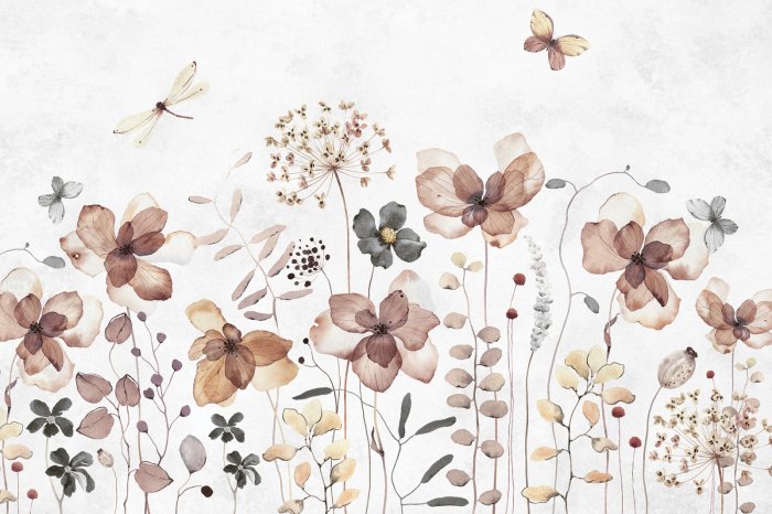 Papier peint  Papillons et libellules dans un motif aquarelle de fleurs des champs sur fond clair