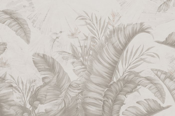 Papier peint  Plantes exotiques, strelitzia et feuilles de bananier sur fond texturé aux couleurs sobres