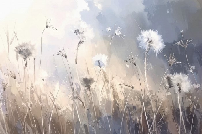 Papier peint  Plantes et herbes en style peinture avec un fond naturel flou