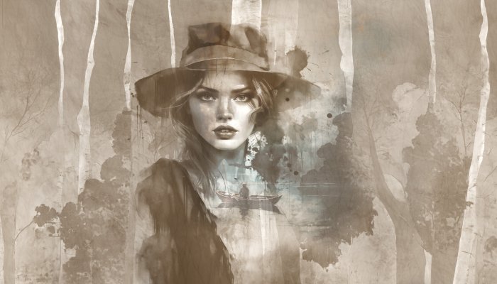 Papier peint  Portrait aquarelle d’une femme au chapeau avec des arbres en arrière-plan