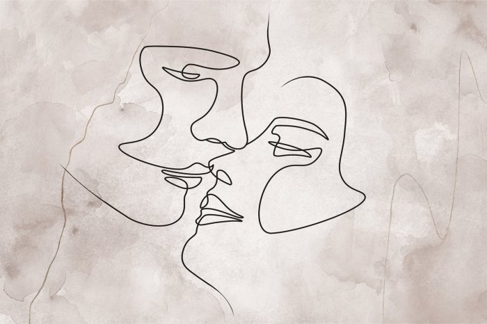 Papier peint  Le baiser des amoureux en style line art avec un fond aquarelle délicat