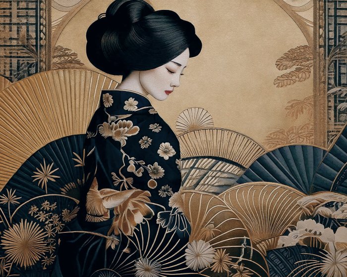 Papier peint  Jeune geisha en kimono, motif de style japonais