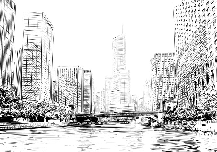 Papier peint  Panorama de Chicago dessin en noir et blanc avec gratte-ciel et rivière