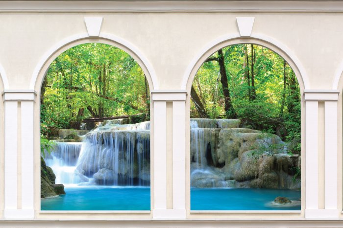 Papier peint  Architecture de la fenêtre avec vue sur la cascade