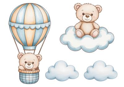 Sticker  Oursons ballon et nuages bleu clair