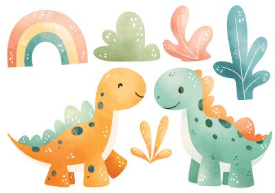 Sticker  Dinosaures arc-en-ciel et petites plantes