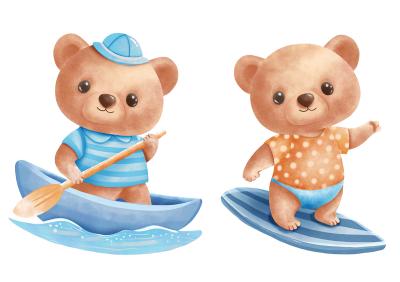 Sticker  Adorables oursons bateau et planche de surf