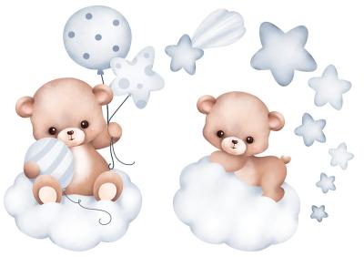 Sticker  Oursons avec des ballons sur des nuages parmi les étoiles
