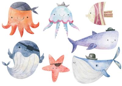 Sticker  Animaux marins en style aquarelle pour enfants