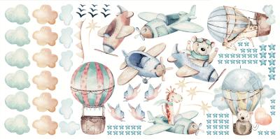 Sticker  Adorables animaux dans des avions et des montgolfières motif aquarelle pour enfants