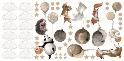 Sticker  Animaux de la forêt avec des ballons des nuages et des étoiles