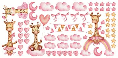 Sticker  Girafes cœurs roses nuages et petites étoiles