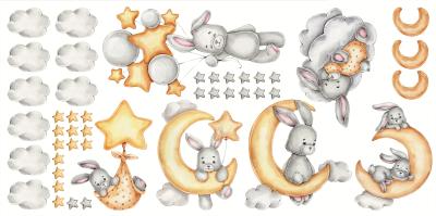 Sticker  Lapins étoiles ballons parmi les nuages et les lunes
