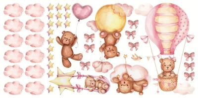 Sticker  Ours roses nuages ballons et nœuds