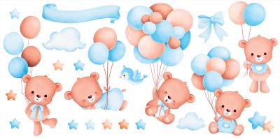 Sticker  Adorables ours avec des ballons bleus dans le style aquarelle