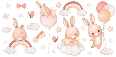 Sticker  Lapins avec des ballons nuages et arc-en-ciel