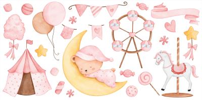 Sticker  Composition aquarelle d’un parc d’attractions avec un ours sur la lune