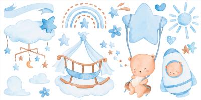 Sticker  Ours sur fond de ciel avec des nuages bleus et un arc-en-ciel