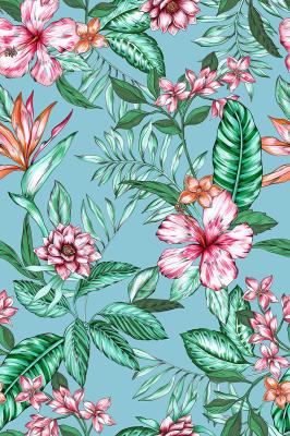 Sticker  Fleurs et feuilles tropicales sur fond bleu clair