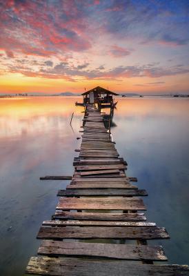 Sticker  Pont en bois sur fond de coucher de soleil