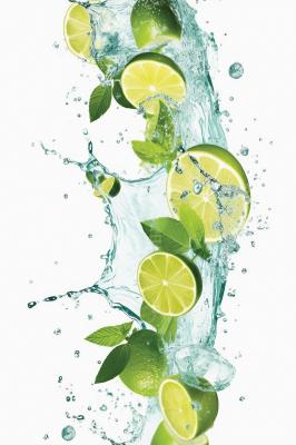 Sticker  Citrons verts et feuilles de menthe tombant dans l’eau