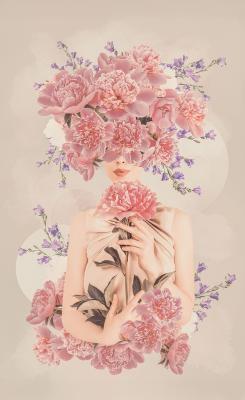 Sticker  Portrait d’une femme avec des pivoines