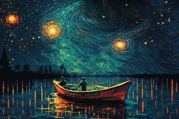 Tableau  Un bateau sur un lac la nuit, dans le style d&#39;un tableau de Van Gogh