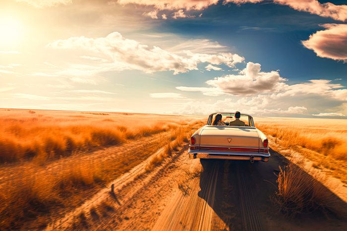 Tableau  Une décapotable rétro sur un chemin de terre au milieu d&#39;herbes dorées.