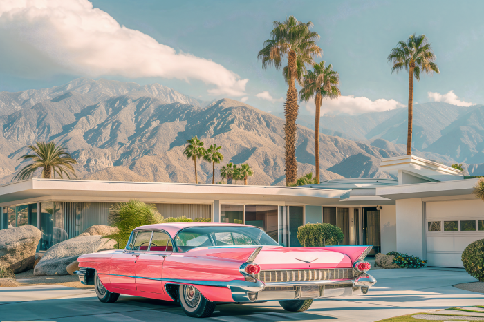 Tableau  Une Cadillac rose classique devant une maison moderne