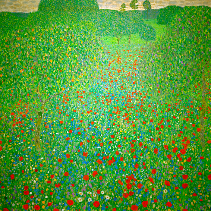 Tableau  Un champ pittoresque de coquelicots avec des arbres fruitiers