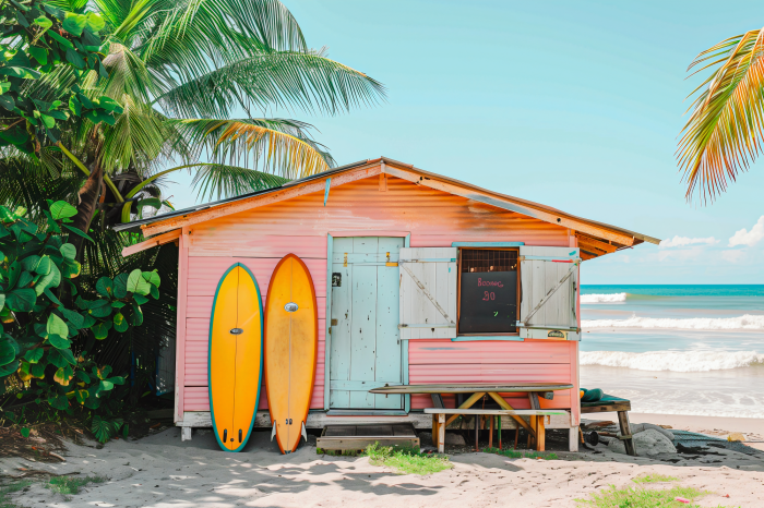 Tableau  Maison tropicale avec palmiers et l&#39;océan en arrière-plan
