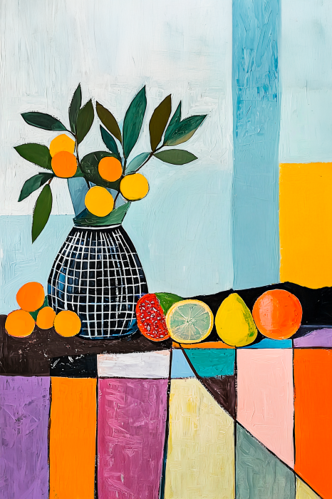 Tableau  Nature morte et fruits sur fond coloré