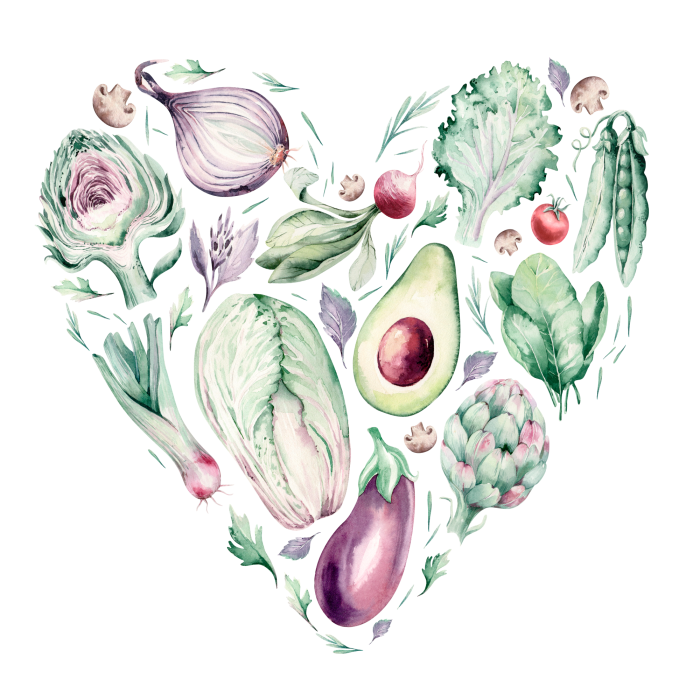 Tableau  Légumes verts et violets en forme de cœur