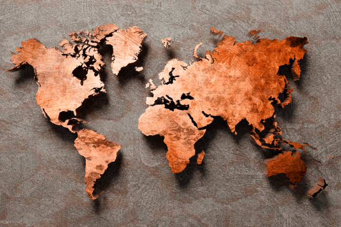 Tableau  Carte 3D avec des continents couleur cuivre