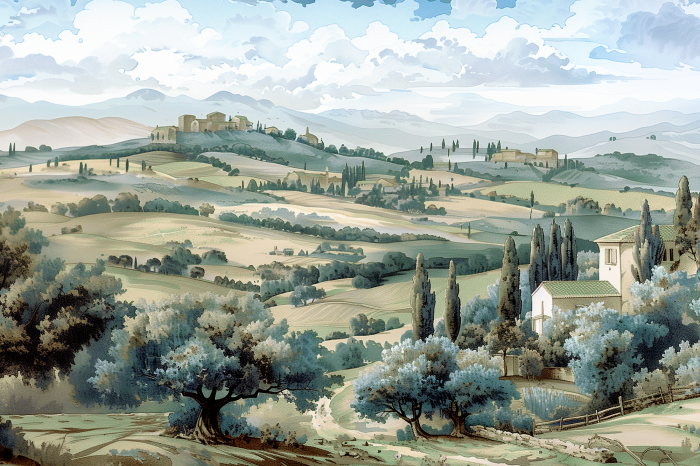 Tableau  Landscape with Green Fields and Trees Tuscan Sunny View