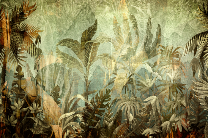 Tableau  Feuilles tropicales aux tons verts et dorés