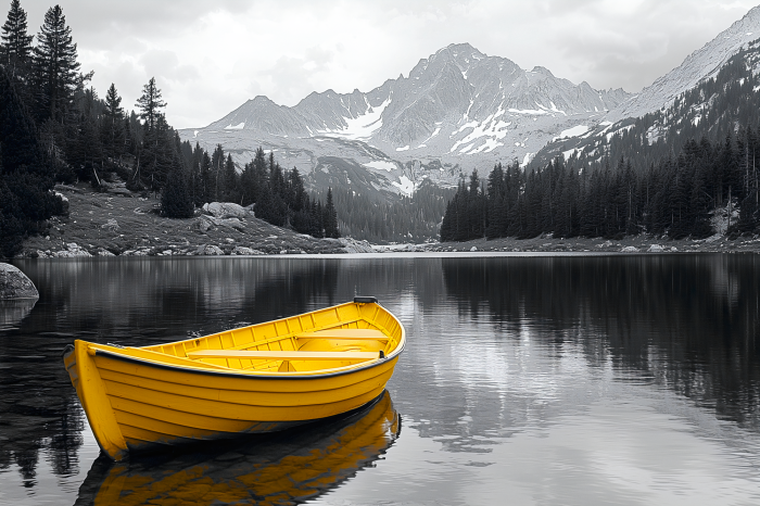 Tableau  Un bateau jaune se détachant sur un lac en noir et blanc.