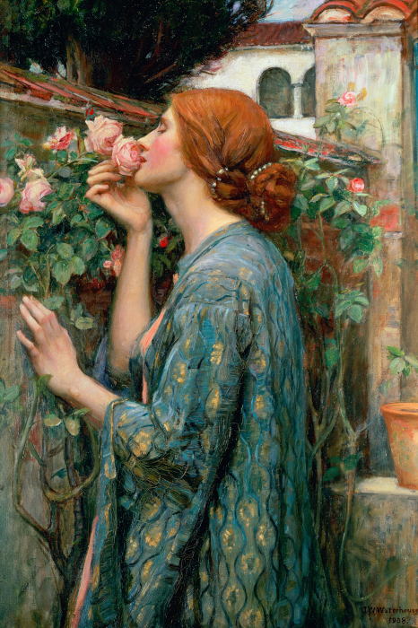 Tableau  Une scène charmante avec une femme rousse qui sent des roses