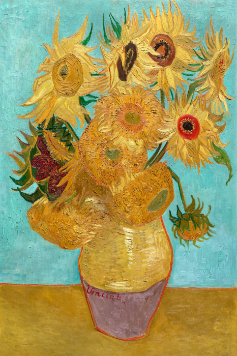 Tableau  Tournesols peints dans un vase sur fond bleu