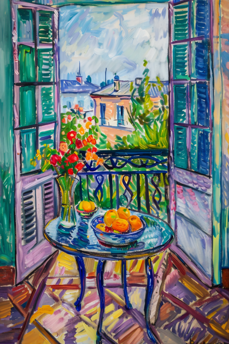 Tableau  Une table avec une nature morte et un balcon avec vue