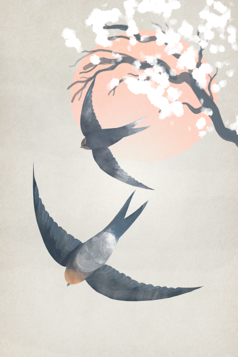 Tableau  Deux hirondelles et une fleur de cerisier sur fond de soleil